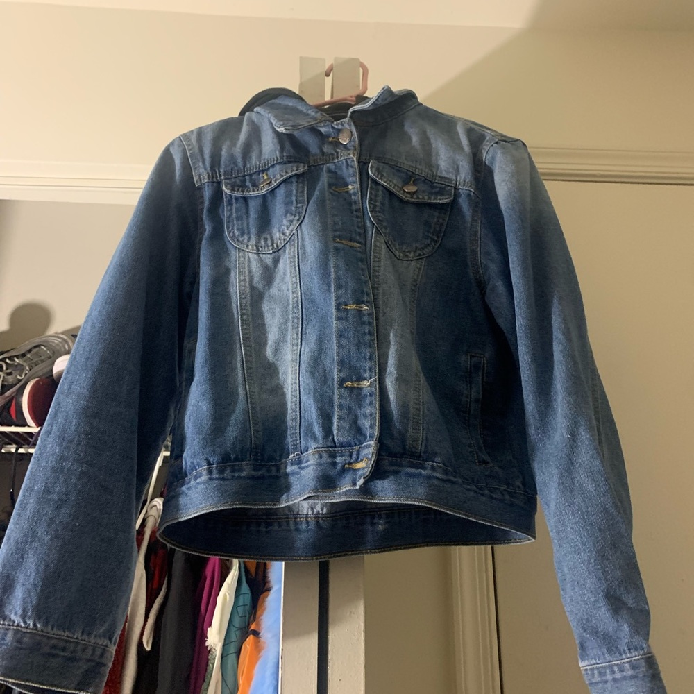 Blue Jean jacket with black hood
